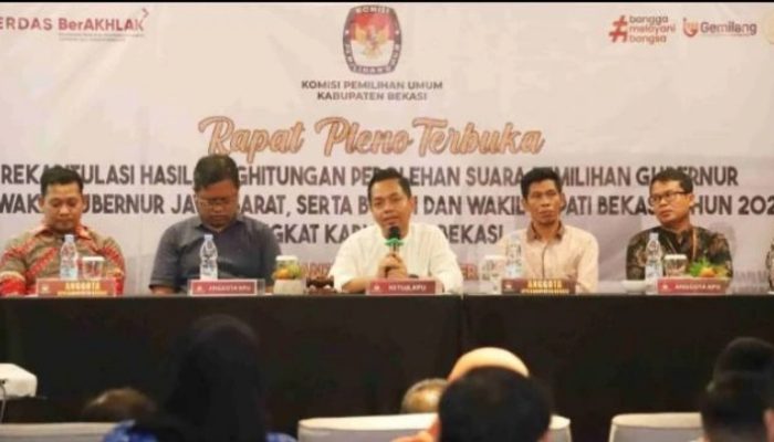 Rapat Pleno Terbuka Rekapitulasi Perolehan Suara Pilkada Kabupaten Bekasi 2024 Tingkat Kabupaten Dilaksanakan hari Jumat 29 November Sampai 6 Desember 2024.