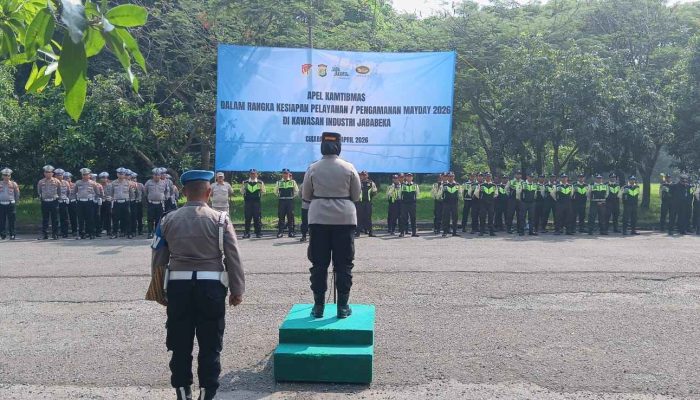 Jaga Kondusivitas Hari Buruh, Polres Metro Bekasi Gelar Apel “Sabuk Kamtibmas” di Kawasan Jababeka.